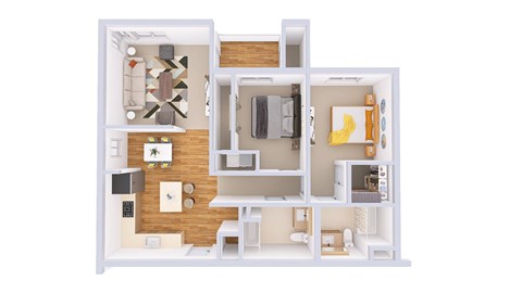 A white dollhouse with a brown wood panel on the wall.